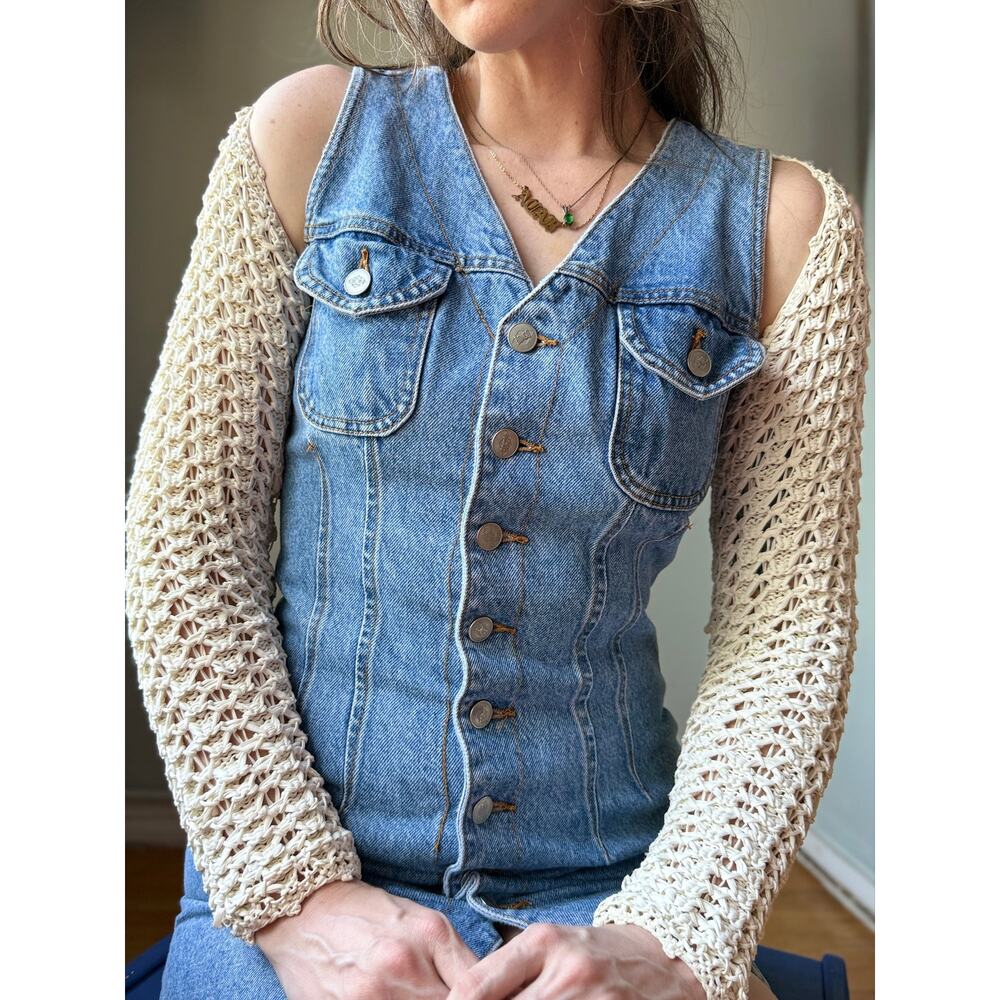 Vintage 90s Crochet Shrug Sweater | Cream Open Weave Knit Bolero | M - Picture 3 of 8
